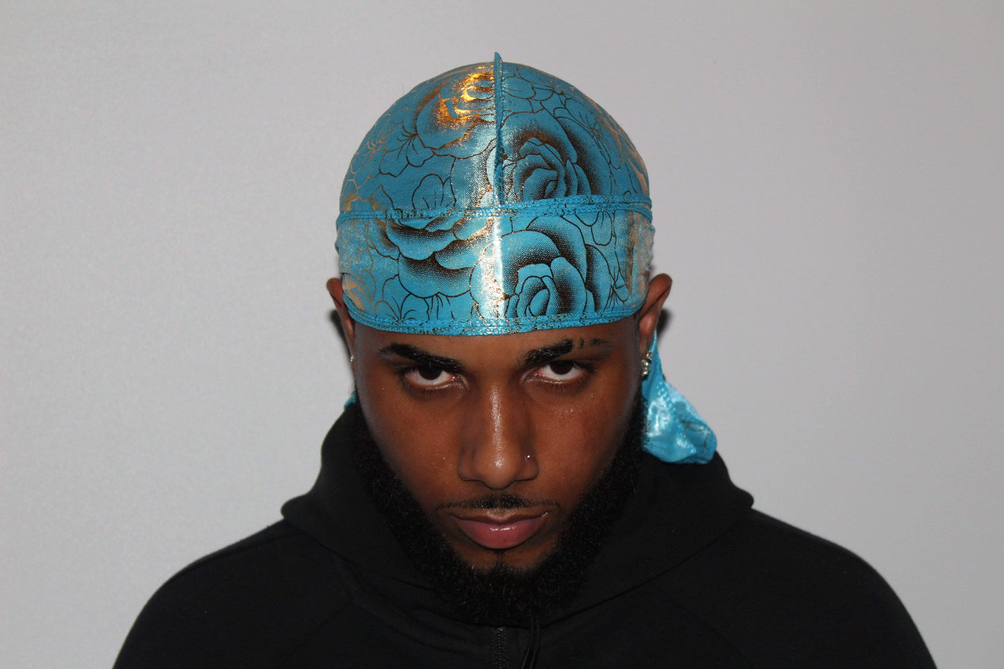 Drippy Rags Durags Bonnets Headbands Headwear More Designer Durag Blue and gold rose Rose Designer Durag