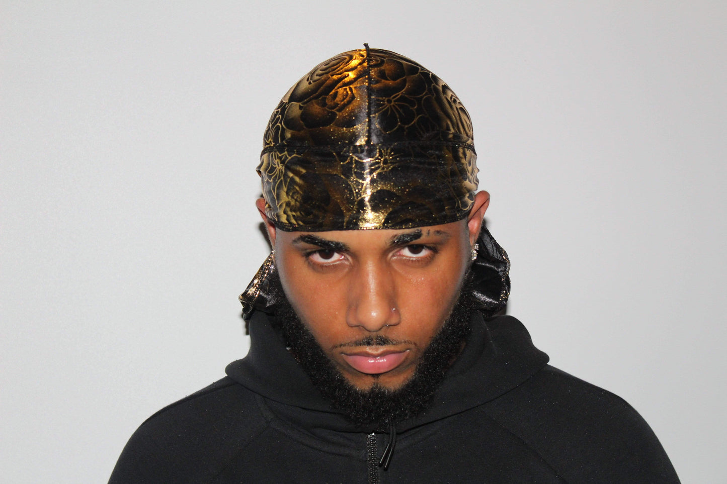 Drippy Rags Durags Bonnets Headbands Headwear More Designer Durag Black and Gold rose Rose Designer Durag