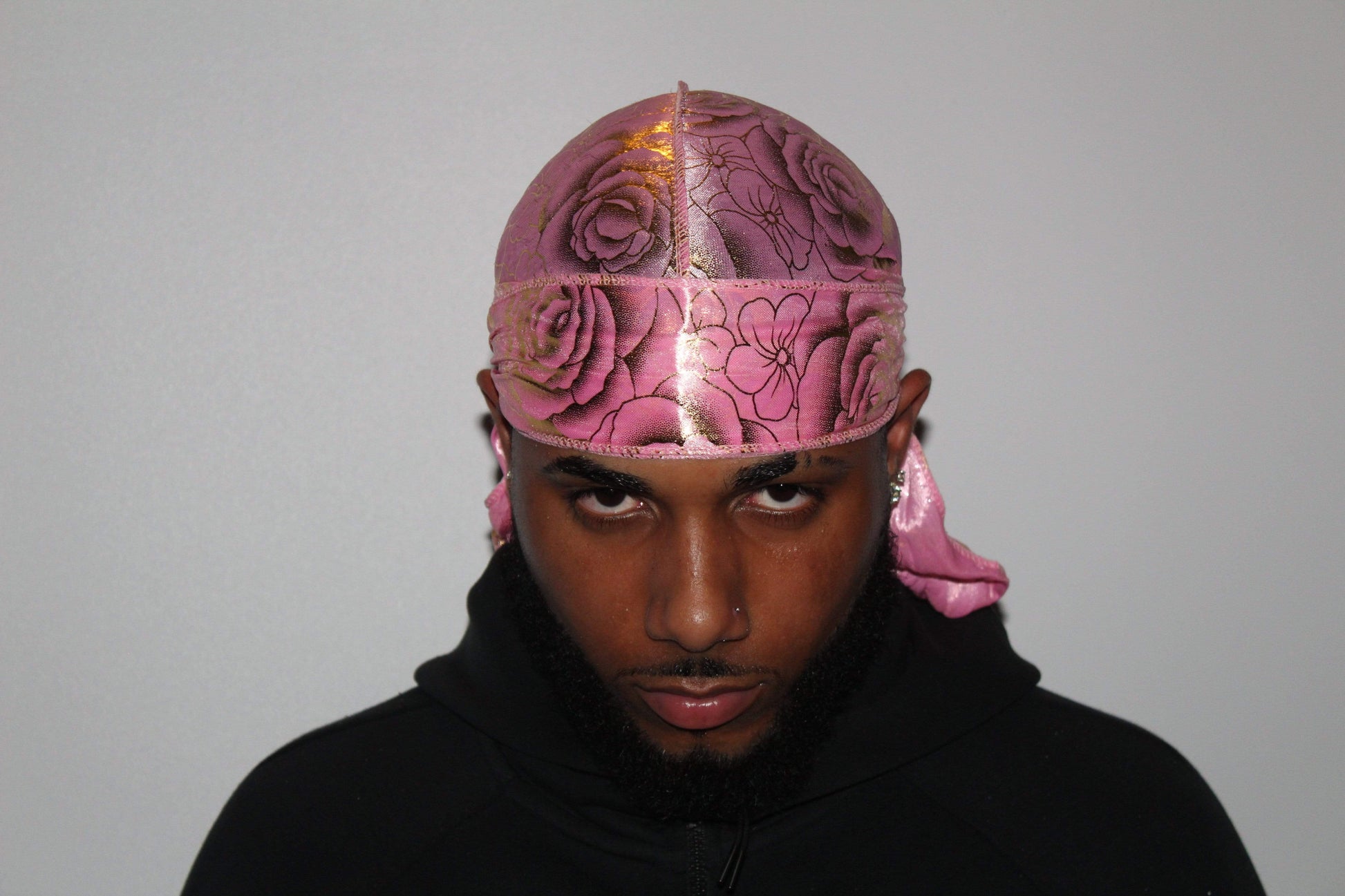 Drippy Rags Durags Bonnets Headbands Headwear More Designer Durag Pink and gold rose Rose Designer Durag