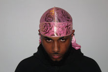 Load image into Gallery viewer, Drippy Rags Durags Bonnets Headbands Headwear More Designer Durag Pink and gold rose Rose Designer Durag