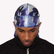 Load image into Gallery viewer, Drippy Rags Durags Bonnets Headbands Headwear More Silky Blue Camo Silky Durag