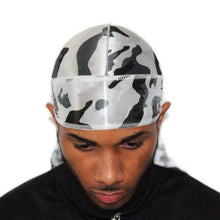 Load image into Gallery viewer, Drippy Rags Durags Bonnets Headbands Headwear More Silky Grey Camo Silky Durag