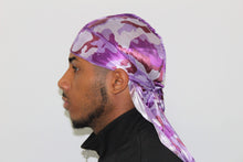 Load image into Gallery viewer, Drippy Rags Durags Bonnets Headbands Headwear More Silky Purple Camo Silky Durag