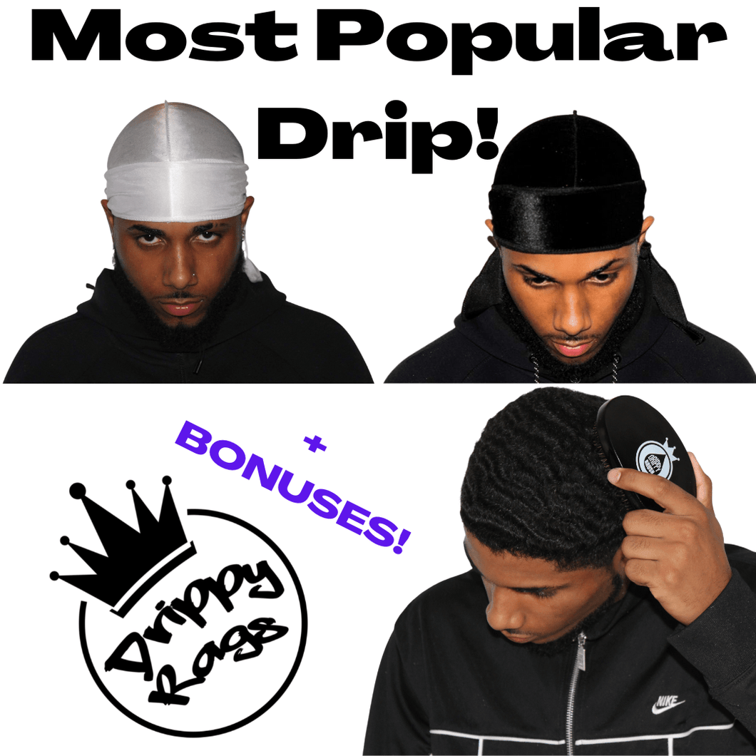 Drippy Rags Durags Bonnets Headbands Headwear More Triple Threat Bundle - Black Velvet + White Silky + Brush of your choice + BONUSES  (SAVE!)